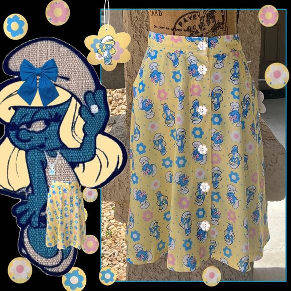 Smurf and Smurette Unique Vintage Floral and Character Skirt Print Size: M 6-8 - Picture 1 of 6